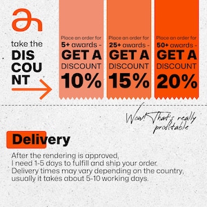 May include: An orange and white graphic with text offering discounts. The text reads "take the discount" with an arrow. Additional text states "Place an order for 5+ awards - get a 10% discount", "25+ awards - get a 15% discount", and "50+ awards - get a 20% discount."