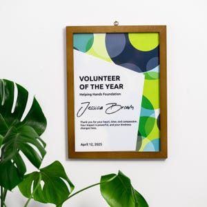 Volunteer of the Year gerahmtes Diplom, Hölzernes Preiszertifikat, Anerkennung für gemeinnützige Arbeit