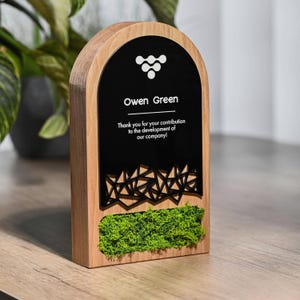Solid Oak & Acrylic Trophy with Moss | Custom Gratitude Award for Best Player Recognition