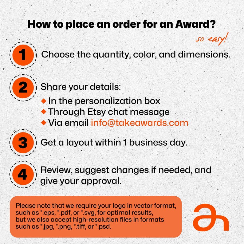May include: A graphic with instructions on how to order an award. The steps include choosing quantity, color, and dimensions, sharing details via personalization box, Etsy chat, or email, getting a layout, and reviewing. The image also notes logo requirements.