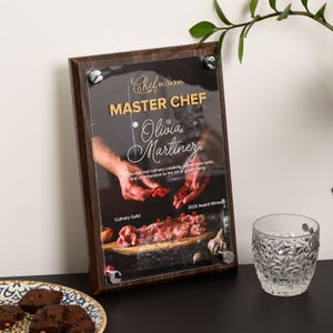 Custom Chef Award – Personalized Acrylic and Wood Plaque – Culinary Recognition Trophy – Kitchen-Themed Gift