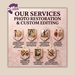 May include: An advertisement for photo restoration and custom editing services. The image features a pink marble background with text and icons describing the services offered, including colorization, background removal, and object addition.