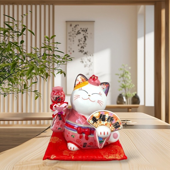 招き猫風の猫の置物 招き猫 幸運の猫 | 陶器製風水像 | ご自宅の装飾ギフト | 新築祝い