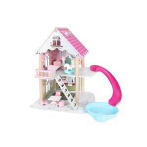 Wooden Dolls House, Dollhouse for girls, Pink Dollhouse, Gift for little girls, Dollhouse Kit, Dolls House with Furnitures, Large Dollhouse