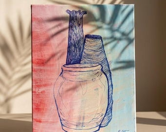 Original Mixed Media Still Life, 8x10 Warm Gradient Vessel Painting, Textured Abstract Art, Modern Heritage Collector Art