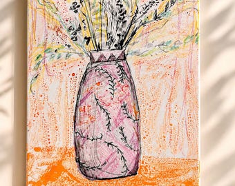 Original Mixed Media Botanical Art, 11x14 Orange Floral Painting, Abstract Canvas