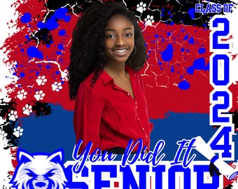 May include: A red, white, and blue graduation announcement with a photo of a young woman. The announcement says "Congratulations Candice Jones Class of 2024 You Did It Senior" and "School Name Here".