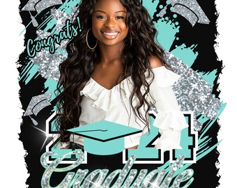 May include: A graduation design featuring a black background with a teal and silver glitter design. The design includes a graduation cap, the year 2021, the word "Graduate", and the text "School Name Here". The design also includes a photo of a young woman with the text "Janice Jones" and "Congrats!" above her.