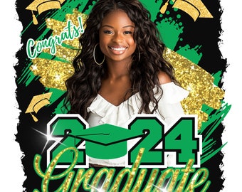 May include: A black and green graduation announcement with a photo of a woman. The announcement features the text "Brenda Davis", "Congrats!" and "2024 Graduate". The text "School Name Here" is also included.