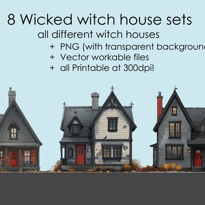 May include: Eight different witch house illustrations in a set. The houses are drawn in a cartoon style and feature various architectural details, including pointed roofs, chimneys, and windows. The houses are set against a light blue background.