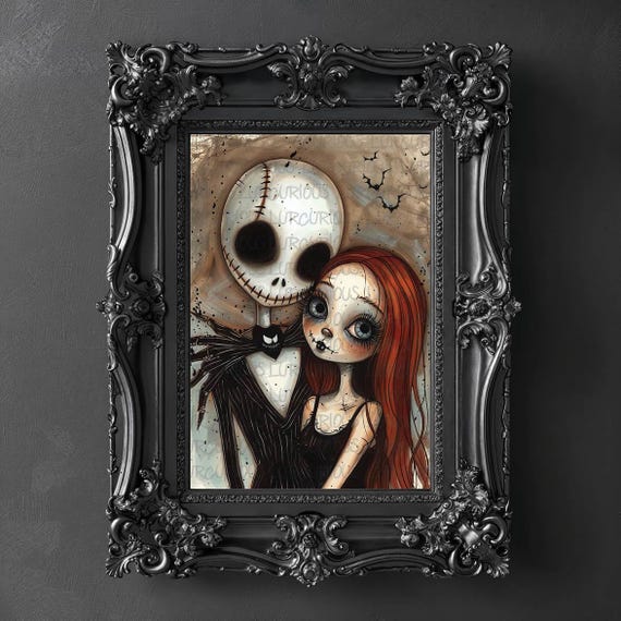 Jack and Sally Art Print, Rustic Halloween Decor (digital Download