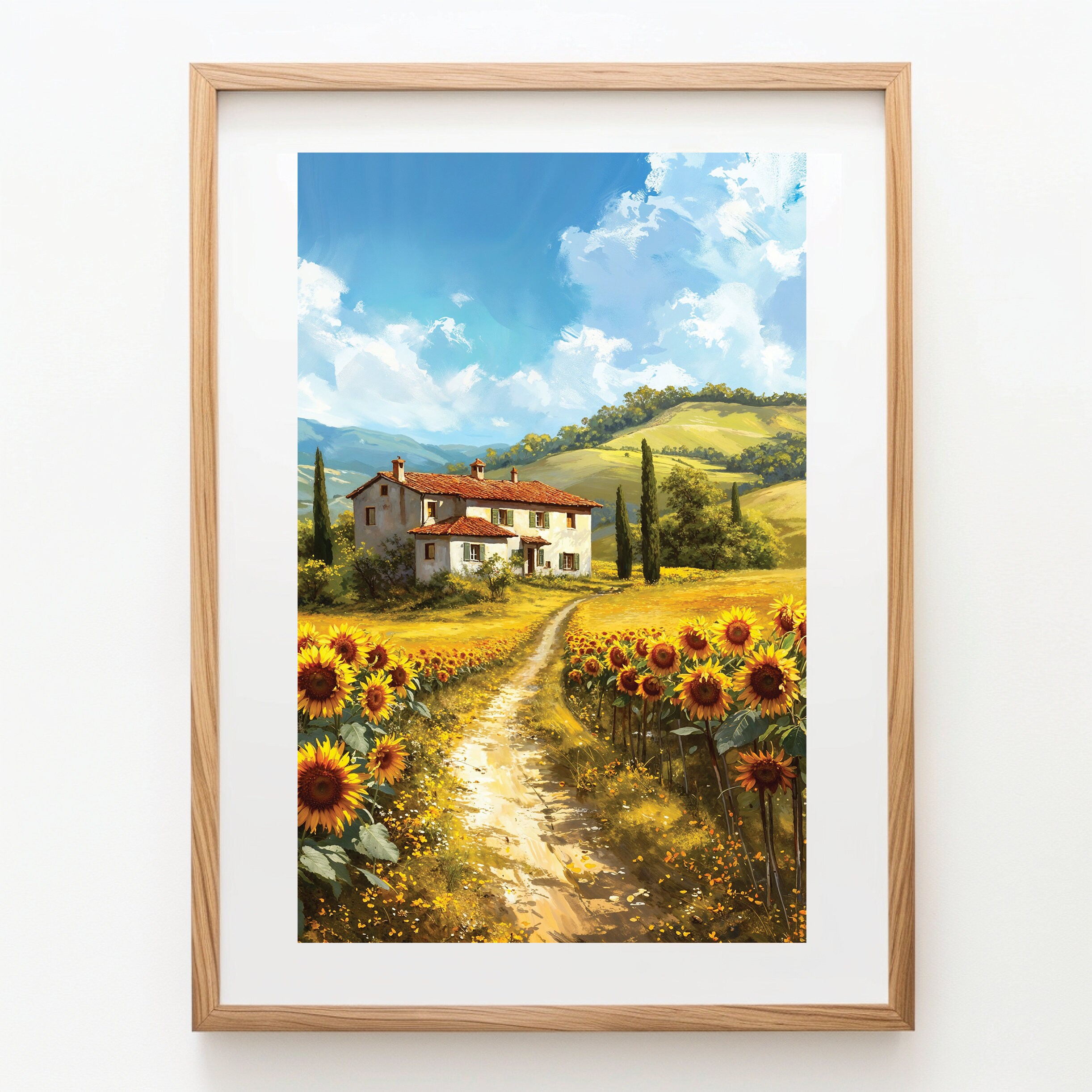 Tuscany Sunflower Field Painting, Italian Landscape Art (digital