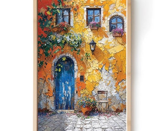 Pode incluir: Uma pintura de um edifício amarelo com uma porta azul, uma cadeira e plantas em vasos. O edifício tem um exterior desgastado e texturizado e está coberto de videiras. A porta é arqueada e tem uma pequena janela acima. A cadeira é de metal e tem um assento de madeira. As plantas em vasos estão em vasos de terracota e estão cheias de flores coloridas.