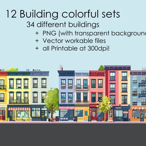 Puede incluir: Ilustración de 12 conjuntos de edificios coloridos con 34 edificios diferentes. Los edificios son todos de diferentes colores y tienen diferentes detalles, como ventanas, puertas y toldos. Los edificios están todos alineados en una fila, y hay árboles y farolas delante de ellos. El texto "12 Building colorful sets" está en la parte superior de la imagen. El texto "34 different buildings" está debajo de eso. El texto "+ PNG (with transparent backgrounds" está debajo de eso. El texto "+ Vector workable files" está debajo de eso. El texto "+ all Printable at 300dpi!" está debajo de eso.