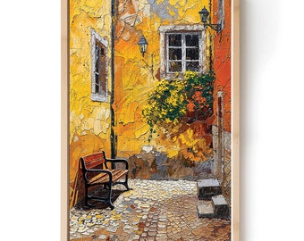 Puede incluir: Una pintura de un edificio amarillo con una ventana y un banco en frente. El edificio está cubierto de enredaderas y hay un camino de piedra en frente.