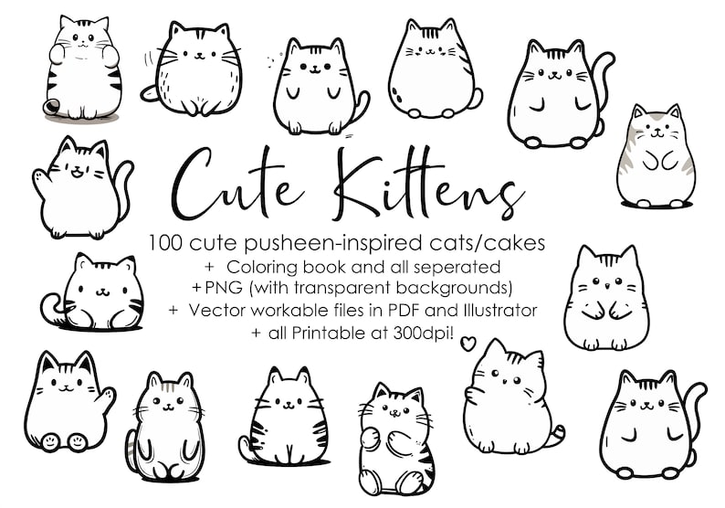 100 Cute Pusheen-inspired Kittens Coloring Book - Cat, Clipart, PNG and ...