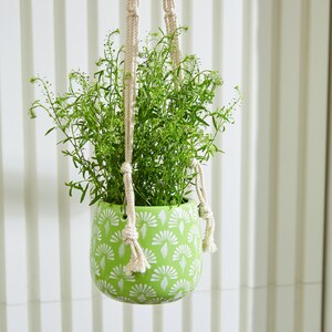 May include: A bright green ceramic hanging planter with a repeating white fan-shaped pattern. The pot contains a lush green plant with thin stems and small leaves. It is suspended by thick, cream-colored twisted cotton ropes knotted at the sides.