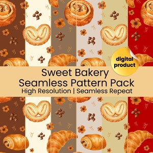 Könnte beinhalten: Ein digitales Produkt mit einem nahtlosen Musterpaket mit Aquarellillustrationen von Backwaren. Das Design umfasst Croissants, Gebäck und Blumen in einem sich wiederholenden Muster. Der Text "Sweet Bakery Seamless Pattern Pack" wird angezeigt.