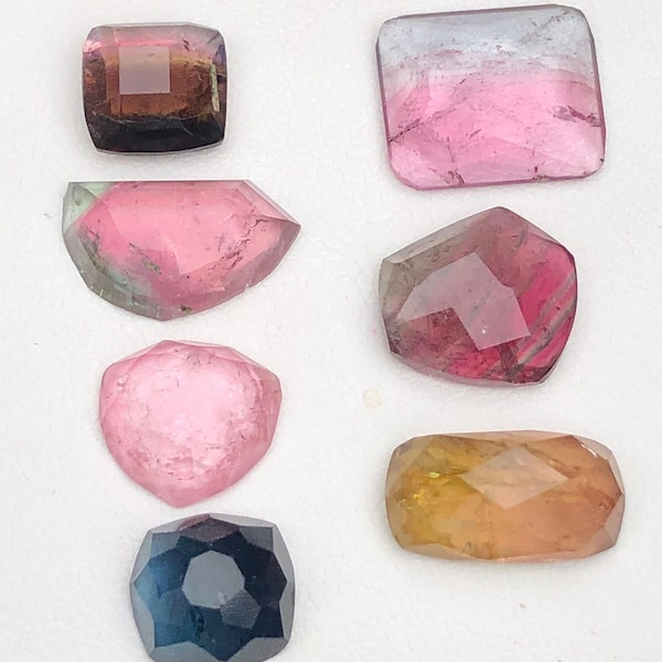 21.70 cts. Mixed Colors Rose Cut Tourmaline Gemstone Cabochons, Sourced from Afghanistan, 7 Faceted Gems for Jewelry Makers or Collectors