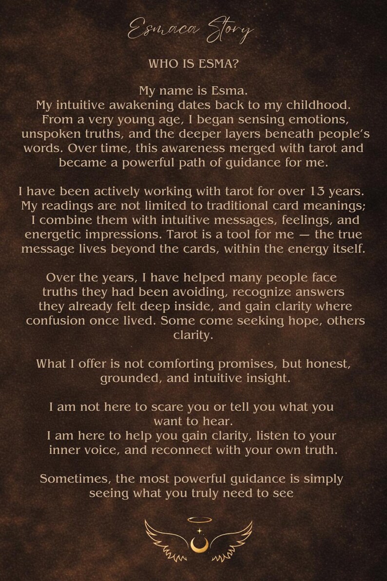 May include: Text on a brown background reads "Esmaca Story" and "Who is Esma?" The text describes Esma's intuitive awakening, tarot readings, and guidance. An illustration of wings and a crescent moon is at the bottom.