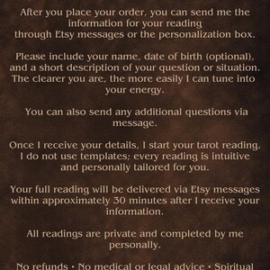 May include: A digital image with the text "Esmaca Story" and "HOW IT WORKS". The text describes the process of ordering a tarot reading, including sending information via Etsy messages, and the delivery time.