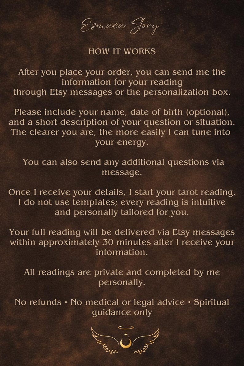 May include: A digital image with the text "Esmaca Story" and "HOW IT WORKS". The text describes the process of ordering a tarot reading, including sending information via Etsy messages, and the delivery time.