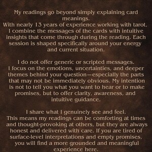 May include: A brown background with white text describing tarot readings. The text includes the name "Esmaca Story" and details about the readings, emphasizing intuitive insights and clarity. A logo with wings and a crescent moon is at the bottom.