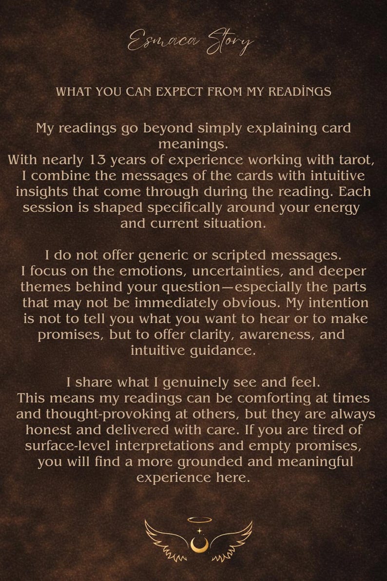May include: A brown background with white text describing tarot readings. The text includes the name "Esmaca Story" and details about the readings, emphasizing intuitive insights and clarity. A logo with wings and a crescent moon is at the bottom.