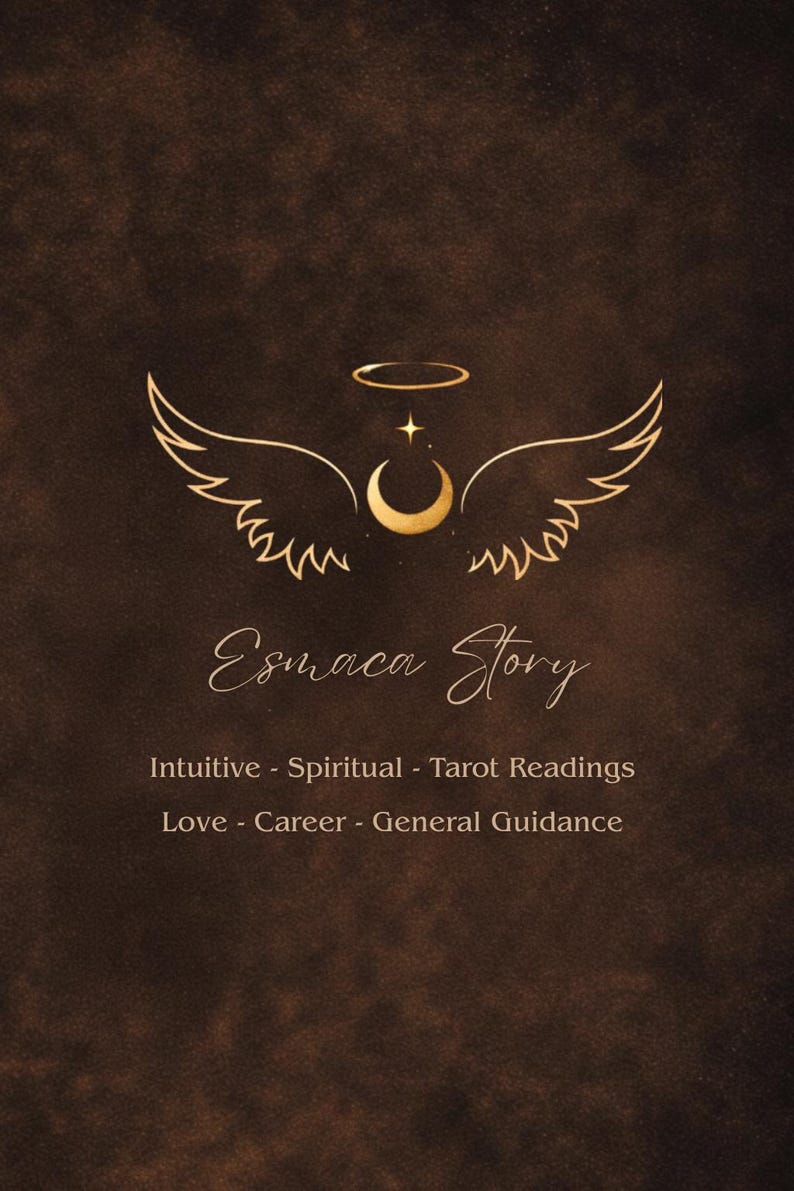 May include: A brown background with a gold logo featuring wings, a crescent moon, and a star. The text "Esmaca Story" is written in an elegant script. Below, the text reads "Intuitive - Spiritual - Tarot Readings" and "Love - Career - General Guidance."