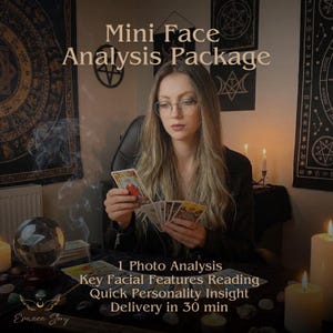 May include: A woman with glasses holds tarot cards in a dimly lit room. The image includes text that reads "Mini Face Analysis Package" and details of the service: "1 Photo Analysis, Key Facial Features Reading, Quick Personality Insight, Delivery in 30 min."