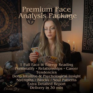 May include: A woman with glasses holds tarot cards, with text reading "Premium Face Analysis Package." The image includes text about face and energy readings, personality, relationships, career tendencies, and a detailed report.