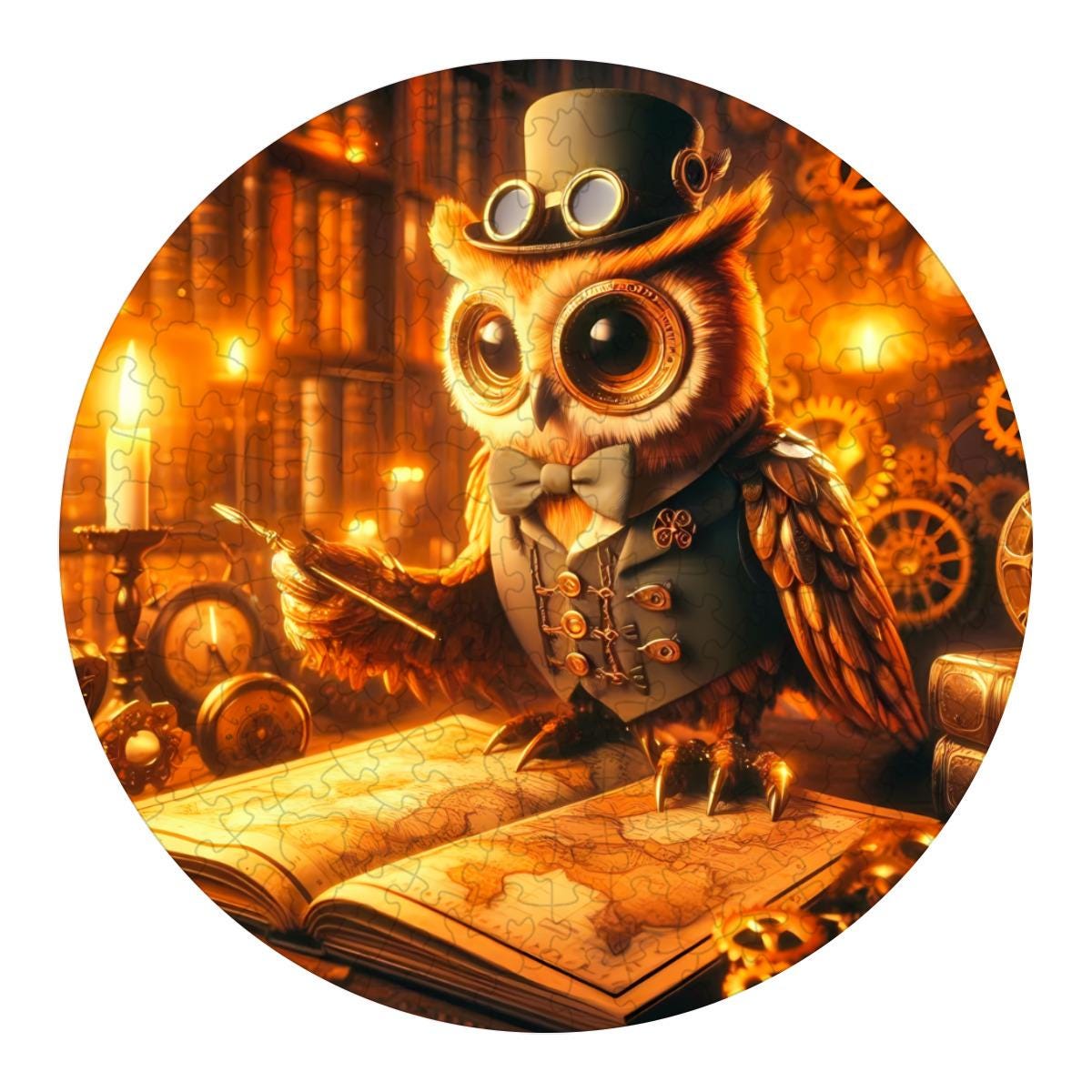 Steampunk Owl Wooden Puzzle: Vibrant Library Art, Kids Adventure Gift