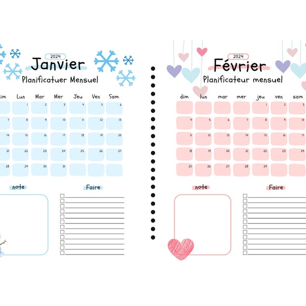 Calendrier et planificateur mensuel numérique minimaliste 2024