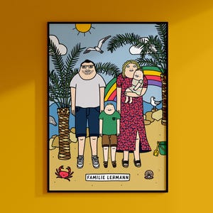 Op de afbeelding: Een digitale illustratie van een gezin van vier personen dat op een strand staat. De vader draagt een blauw shirt en een blauwe broek. De moeder draagt een roze jurk met een bloemenpatroon. De twee kinderen dragen een groen shirt en een blauwe broek, en een geel shirt en een blauwe broek. Het gezin staat voor een regenboog en palmbomen. De tekst "FAMILIE LEHMANN" staat onderaan de afbeelding.