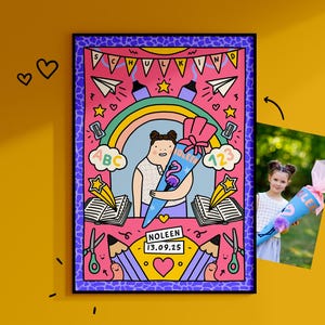 ABCパーティー | パーソナライズされた入学ポスター | 小学生のポートレート | 入学招待状 | 入学初日のお知らせ | 漫画風