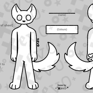May include: A black and white digital reference sheet template featuring a front and back view of an anthropomorphic animal character. The image includes text fields for name and colors, plus a list of species choices and customization instructions.