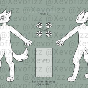 May include: A digital line art reference sheet template featuring a front and back view of an anthropomorphic animal character with pointed ears and a tail. The layout includes sections labeled NAME, PAWS, and COLOURS, with a watermark overlay.