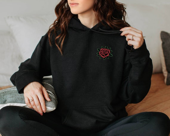 Rose embroidered hoodie women's sales