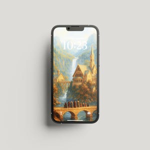 May include: A smartphone displays a digital painting of a fantasy landscape. The artwork features a waterfall, a bridge, and a castle-like structure with a tall spire. The time 10:23 is displayed on the screen.