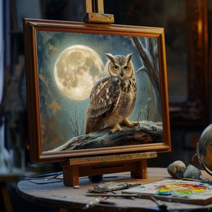 The Owl and The Moon Original Oil Painting on Canvas, Unframed Oil Painting Canvas, Oil Painting Canvas Size 65x80cm