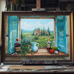 Fine Art Oil Painting of Tuscan Landscape Through Window – Italian Countryside View, Rustic Wall Art, Mediterranean Home Decor, Kitchen Art