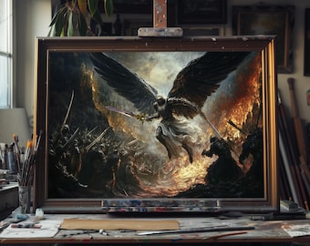 Angel Battling Army of Demons Oil Painting – Hand-Painted Fantasy Wall Art, Epic Battle Canvas, Mythical Warrior Decor, Unique Gothic Gift