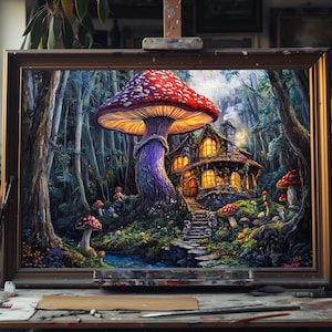 Fine Art Enchanted Mushroom Forest Oil Painting, Fairy Tale Fungi Cottage Scene, Magical Woodland Wall Art, Whimsical Nature Decor, Oil Art