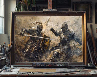 Fine Art Oil Painting of Fierce Medieval Battle – Hand-Painted Knight Combat Scene, Historical Warfare Canvas, Dark Fantasy Wall Art Decor