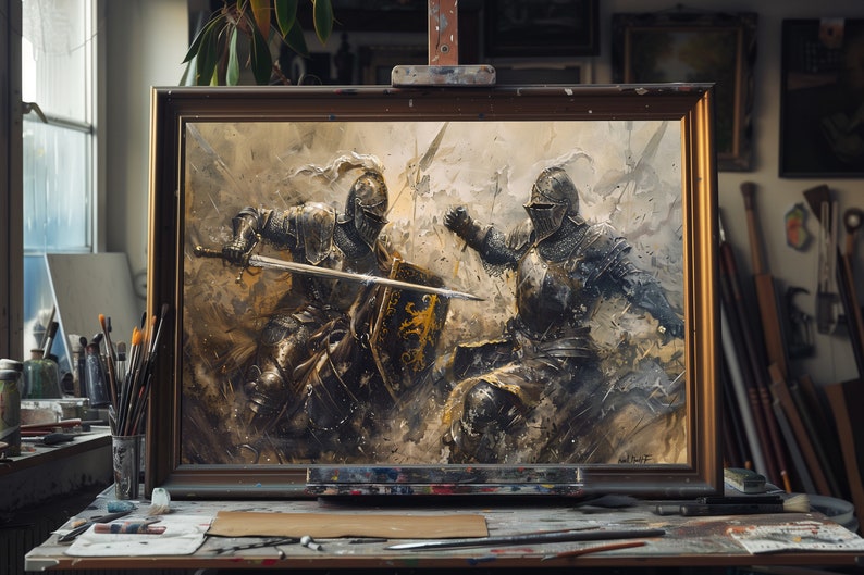 May include: An oil painting of two knights in full armor engaged in combat, displayed on an easel in an artist's studio. The artwork features a gold frame and depicts a dynamic battle scene with swords and shields.