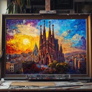 Fine Art Oil Painting Sagrada Familia Barcelona Sunset Skyline, Textured Palette Knife Cityscape, Vibrant Spain Wall Art on Canvas, Oil Art