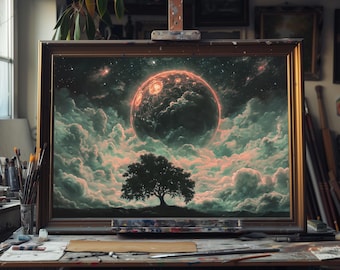 Peinture à l'huile d'art arbre et pleine lune, scène de forêt nocturne mystique, art du paysage au clair de lune, décoration murale en toile nature sereine, oeuvre d'art à l'huile