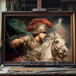 Alexander the Great Oil Battle Scene, Hand Painted Greek Warrior Canvas, Historical Conqueror Wall Art, Ancient Macedonian Hero Gift Artwork