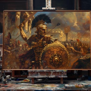 May include: An oil painting on an easel depicts a Roman soldier in golden armor, holding a sword and shield, leading an army into battle. The artwork is rich in detail, with a warm color palette and visible brushstrokes.