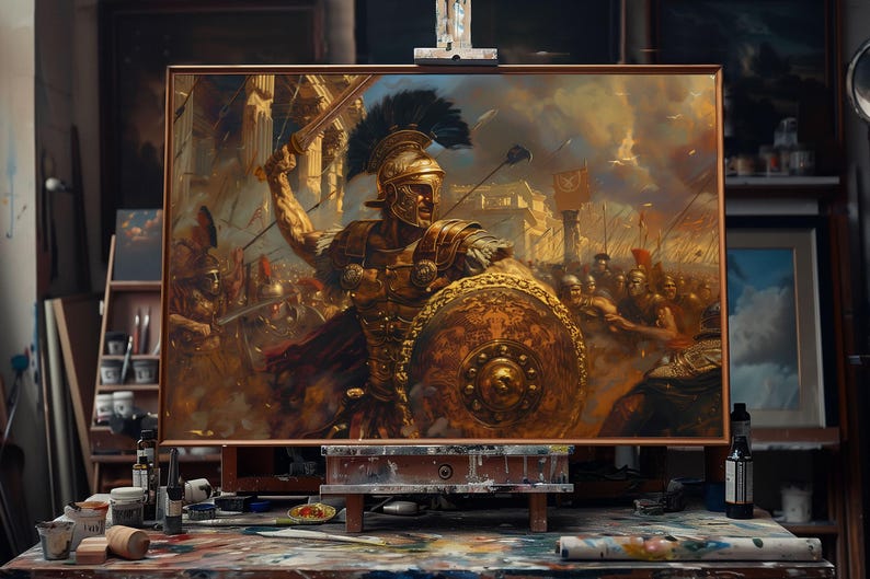 May include: An oil painting on an easel depicts a Roman soldier in golden armor, holding a sword and shield, leading an army into battle. The artwork is rich in detail, with a warm color palette and visible brushstrokes.